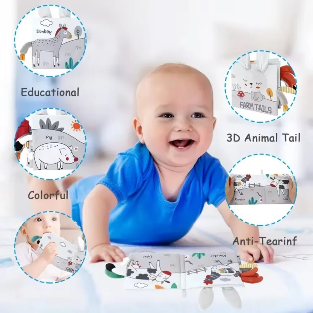 Baby Farm Tails Sensory Crinkle Cloth Book 3D Animal Tails Soft Activity Toy